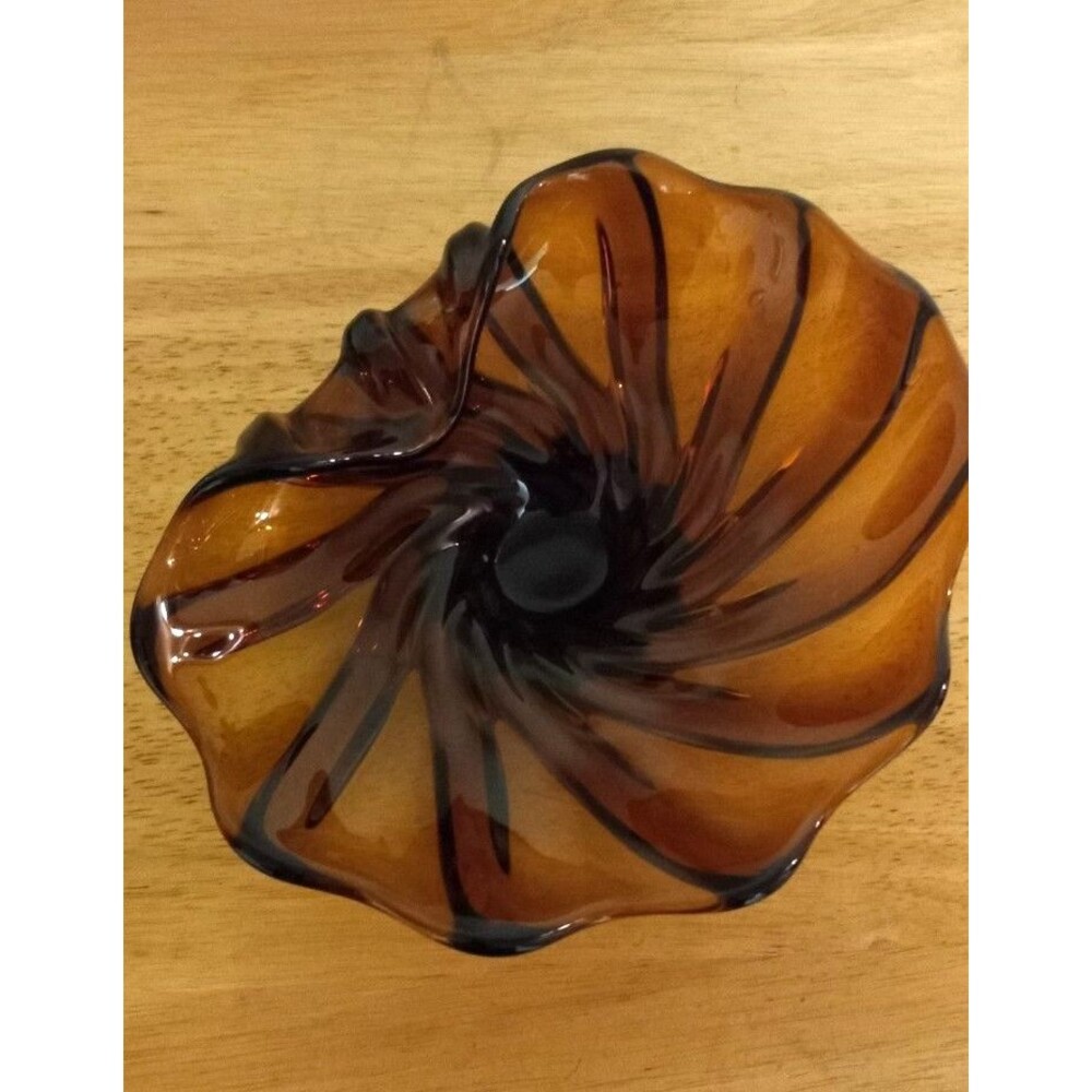 Vintage MCM Murano Style Amber Art Glass Ruffled Swirled Bowl /Catchall 8"x "x3"